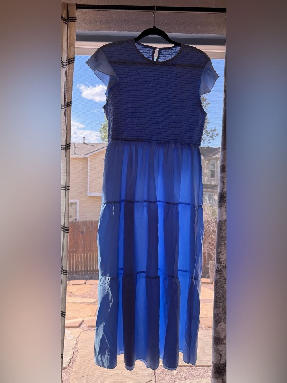 Blue Tiered Smocked Bodice Maxi Dress